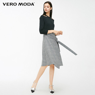 Vero Moda奥莱专享春秋露肩袖收腰格纹不规则下摆针织连衣裙（165/84A/M、S59黑色）