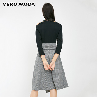 Vero Moda奥莱专享春秋露肩袖收腰格纹不规则下摆针织连衣裙（165/84A/M、S59黑色）