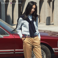 Tommy 女装休闲时尚纯棉多色条纹刺绣经典翻领长袖衬衫28723（36、蓝白黑条纹03Q）