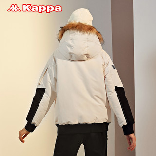 Kappa卡帕毛领羽绒服冬季女连帽防寒服拼色保暖工装面包服外套（XL（成人）、漂白-011）