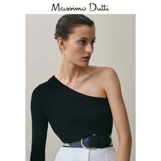 XJ过季- Massimo Dutti女装 不对称袖罗纹休闲针织衫上衣 05614851800（M (170/92A)、黑色）