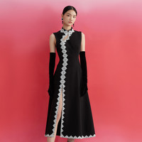 YES BY YESIR叶谦原创设计师秋冬黑色旗袍式开叉轻礼服20FL10232（S、黑色）