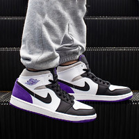 NIKE 耐克 Air Jordan 1 AJ1 Mid 黑白紫脚趾耐克男鞋麂皮休闲运动中帮篮球鞋 852542-105