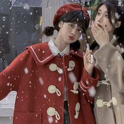 啦啦酱 JK制服 小初雪 牛角扣呢子大衣  栗梅色