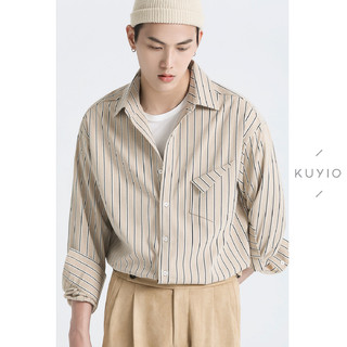 KUYIOU/设计师款 脱线折角口袋韩版竖条纹宽松垂顺柔软长袖衬衫男