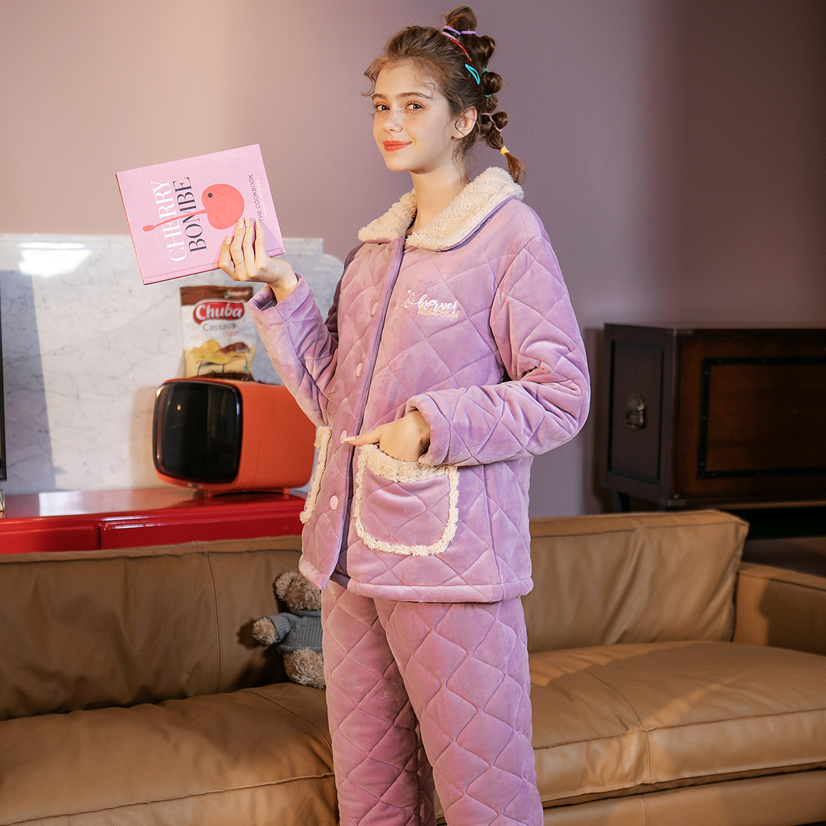 fenteng 芬腾 秋冬加厚保暖翻领开衫女士家居服内衣女士睡衣女 香芋紫