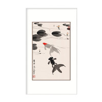 弘舍 吴作人《鱼乐图》60x90cm 宣纸 柚木色实木框