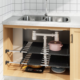 厨房下水槽置物架橱柜内分层隔板伸缩下水管道放锅具收纳架子双层
