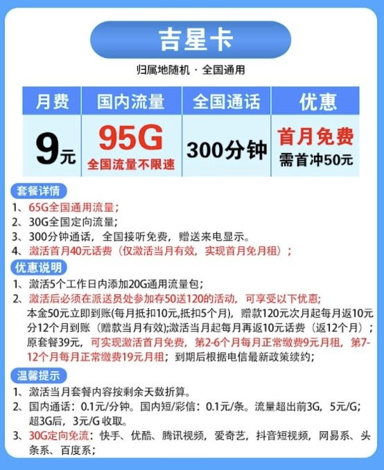 CHINA TELECOM 中国电信 吉星卡 9元 95G流量 300分钟通话