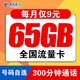 中国电信 紫星卡 9元 65G全国流量 300分钟通话 号码自选