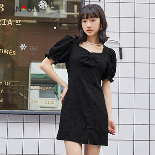 三福连衣裙2021夏季新款法式甜美复古方领收腰减龄泡泡袖短裙子
