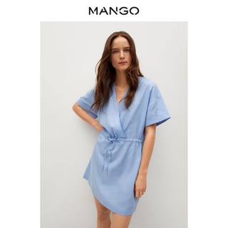 MANGO女装连衣裙2021春夏新款V领束带腰身亚麻包裹式连衣裙
