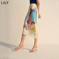 LILY新款女装艺术感印花不规则中长裙高腰过膝半身裙