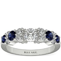 补贴购：Blue Nile 0.32 克拉圓形切割钻石+铂金光环蓝宝石与钻石订婚戒托