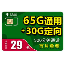 CHINA TELECOM 中国电信 星钻卡29元65G通用30G定向300分首月免月租