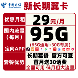 CHINA TELECOM 中国电信 电信新长期翼卡 29包95G全国流量不限速