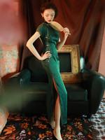 改良旗袍绿色修身高开叉长款女复古中国风老上海日常生活装连衣裙