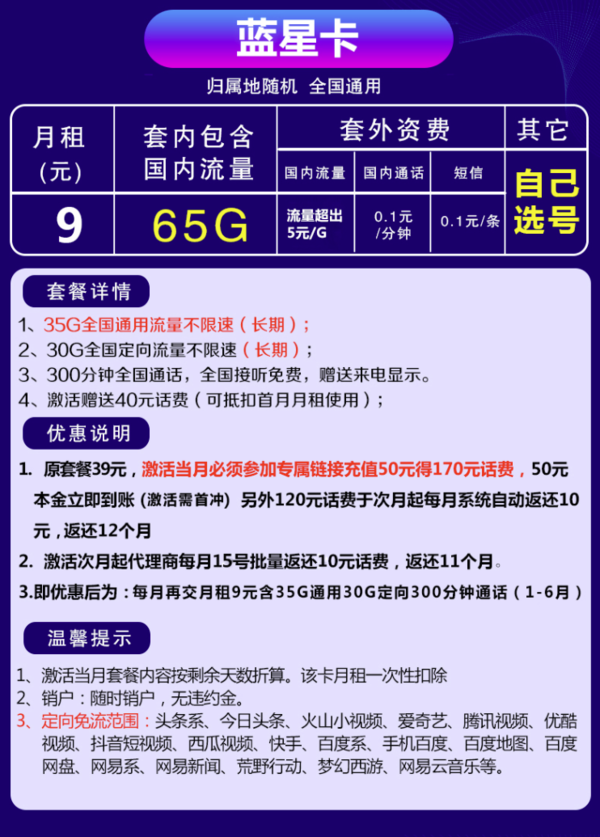 CHINA TELECOM 中国电信 蓝星卡 9元/月（35G通用+30G定向+300分钟通话）