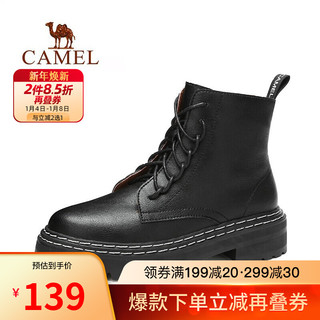 CAMEL 骆驼 女鞋秋冬季马丁靴网红百搭粗跟英伦风潮系带短靴 A94503628,黑色 36