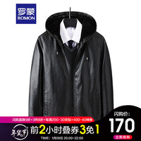 罗蒙皮衣男加绒加厚连帽领皮夹克2021冬季新款中年男装上衣保暖外套 N210 黑色 185