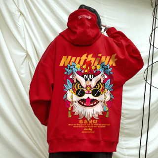 中国风醒狮连帽卫衣男女潮港风潮流春节红色新年款宽松大码冬季