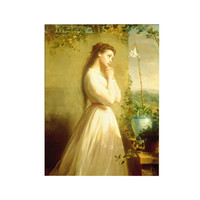 上品印画《花前少女》30x40cm 油画布 香槟框