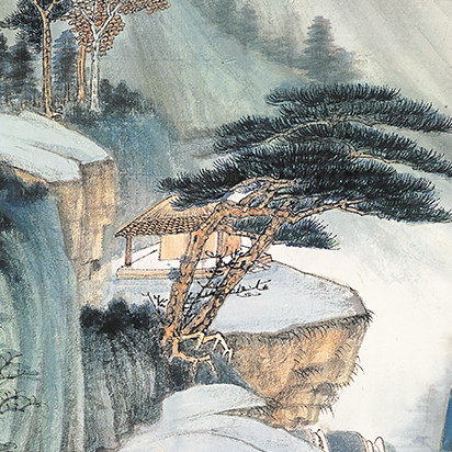 艺仁天张大千《仿董源华阳仙馆图》60x120cm 宣纸红柚木色实木框【报价