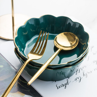 轻奢北欧孔雀绿金边2件套陶瓷餐具面碗沙拉碗甜品碗