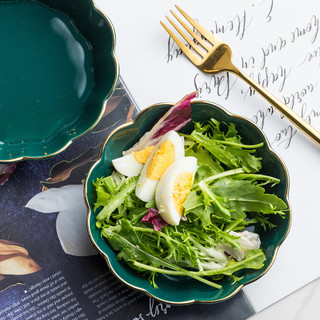 轻奢北欧孔雀绿金边2件套陶瓷餐具面碗沙拉碗甜品碗