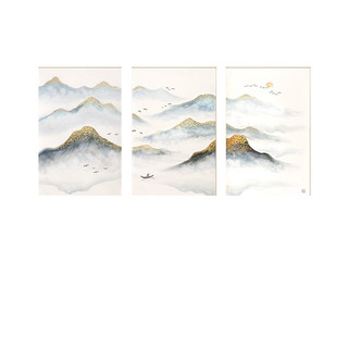 尚得堂 方群伟《山色湖光》50x70cm*3 宣纸 玫瑰金金属框