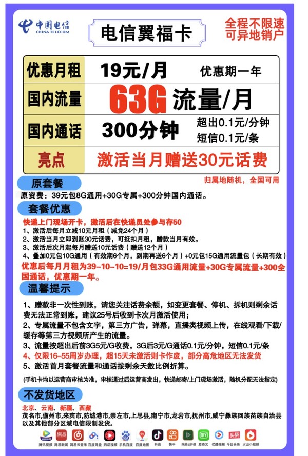 CHINA TELECOM 中国电信 翼福卡 19月租  63G（33G通用+30G专属）+ 300分钟通话