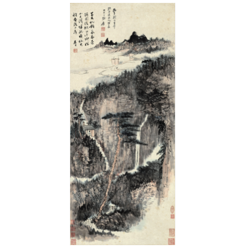 中国嘉德 张大千《拟石涛山水》92.5×39.5cm 1936 设色纸本 立轴 Lot291