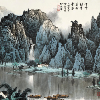 中国嘉德 白雪石《千峰竞秀万树争春》116×305cm 1995 设色纸本 镜心 Lot325