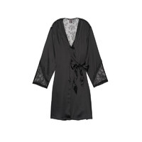 VICTORIA'S SECRET 维密 维多利亚的秘密性感尚蒂伊蕾丝拼接缎面长款和服式睡袍 54A2黑色 11157765