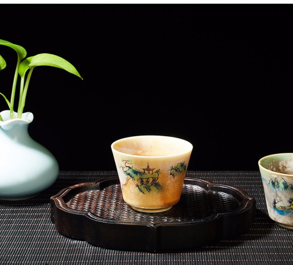 容山堂陶瓷环彩手绘品茗杯岩山探亭款68x54cm手绘功夫茶具茶盏