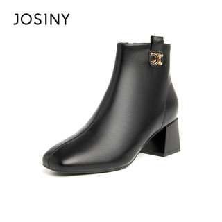 Josiny 卓诗尼 2021冬季新款方头高跟时装靴黑色粗跟短靴气质女靴