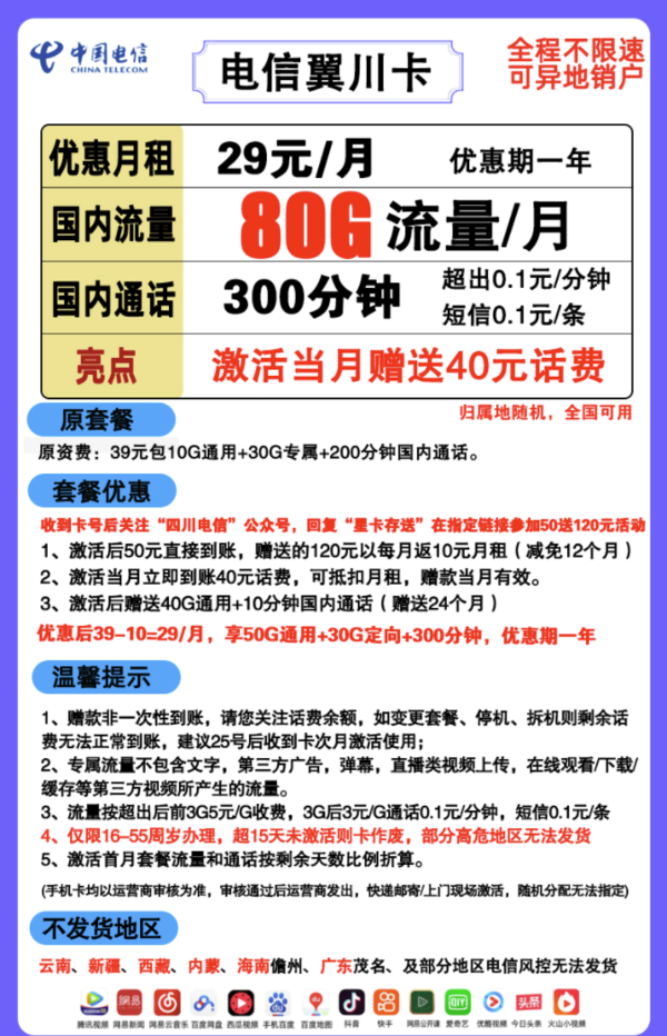 CHINA TELECOM 中国电信 翼川卡 29元月租（50G通用+30G定向流量+300分钟）