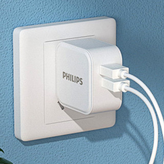PHILIPS 飞利浦 DLP3002W/93 手机充电器 双USB-A 17W+弯头款 MFi认证 Lightning 数据线 编织 1.2m 白灰色