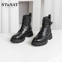 ST&SAT 星期六 新款秋冬上新英伦风马丁靴女靴皮带扣系带短筒靴SS04116625