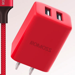 ROMOSS 罗马仕 TK12S 手机充电器 双USB-A 10.5W+Type-C/Lightning/Micro-B 数据线 尼龙编织 1.2m 红色