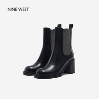 NINE WEST 玖熙 Nine West/玖熙秋冬季复古烫钻切尔西靴简约松紧套筒中跟休闲短靴NG120023CK 黑色 36