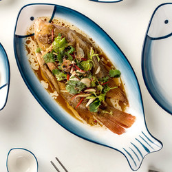tujia 途家 北欧简约陶瓷鱼盘创意家用大号盘子寿司盘浅口盘菜盘手绘餐具