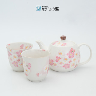 日本原产ceramic 蓝美浓烧茶壶茶杯一壶两杯套装樱灿灿 彩色