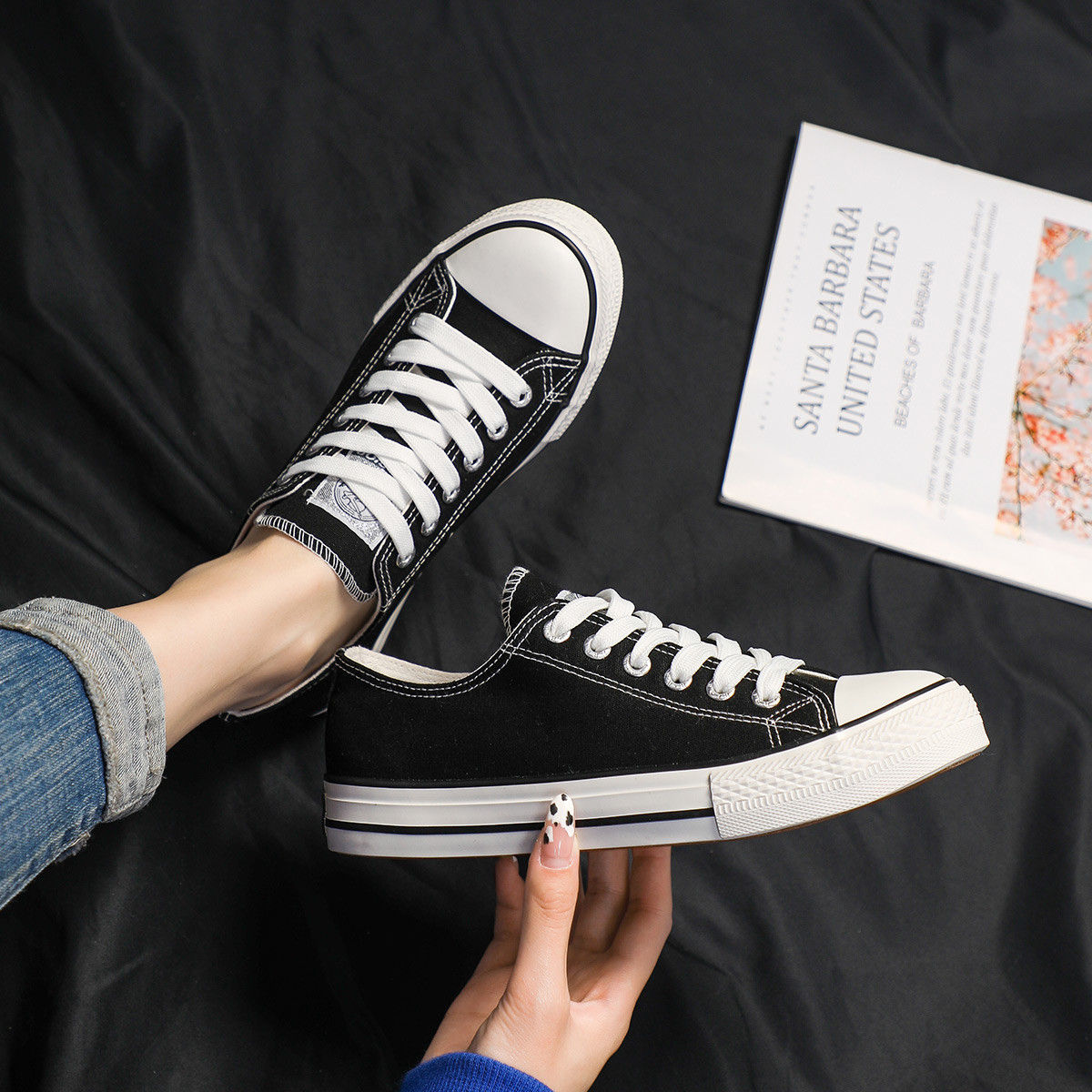 21秋季新款女鞋经典百搭厚底板鞋女运动休闲鞋女透气帆布鞋女 黑色 34