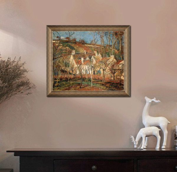 雅昌毕沙罗欧式风景油画冬天村庄的红色屋顶7262cm油画布典雅栗