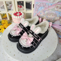 曲琪饼干原创lolita 兔叽女仆 圆头平底鞋 棕粉色（加绒版）