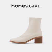 honeygirl 田莘 honeyGIRL瘦瘦靴白色短靴女2021年冬季新款高跟靴子粗跟皮靴加绒