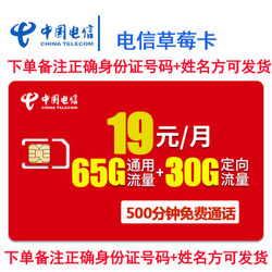 CHINA TELECOM 中国电信 4G手机卡5G卡纯流量卡上网卡不限速大王卡星卡电话卡 电信草莓卡19元包95G+500分钟+送60话费