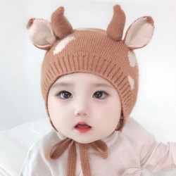 婴儿帽子秋冬可爱牛角帽婴幼儿新生儿宝宝女护耳冬天男女童毛线帽