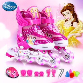 Disney 迪士尼 轮滑鞋儿童溜冰鞋八轮全闪滑冰鞋套装 溜冰鞋男女闪光轮可调码旱冰鞋 粉色公主款 S码